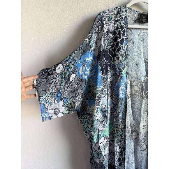 Winton + Waits Women Floral Bombay Blue Kimono Duster Open Front Boho OSFM Beach - Picture 5 of 15